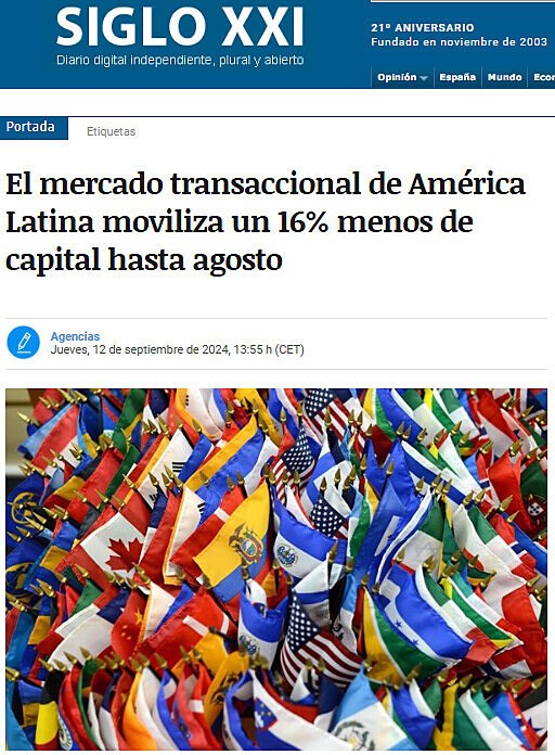 El mercado transaccional de Amrica Latina moviliza un 16% menos de capital hasta agosto